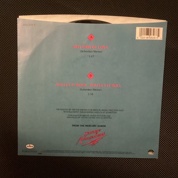 7” SCORPIONS 45 RPM Single Vinyl Rhythm of Love We Let It Rock…You Let It Roll - Picture 2 of 7